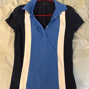 Tommy Hilfiger Women's Blue and White Button Down Shirt